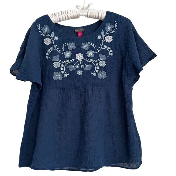 Vince Camuto Boho Blue + White Embroidered Short Sleeve Top Cotton Gauze Medium - Picture 1 of 6